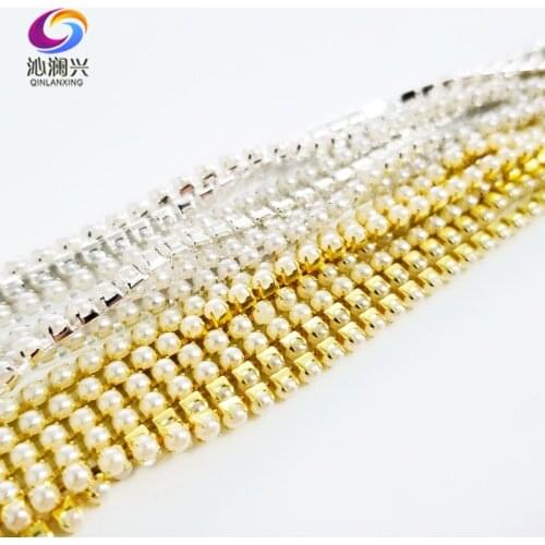 1m SS8 2.5mm sew on pearl rhinestones chain,Encrypt the Pearl drill chain DIY/Wedding Dress Decoration/Sewing Accessories