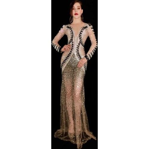 2020 Women New High-end Temperament Nobility Mesh See Through Crystals Long Dress Evening Party Shining Rhinestones Dresses