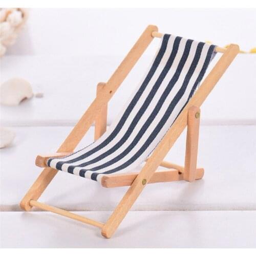 3 Pieces Miniature Striped Wood Beach Lounge Chair 1/12 Dollhouse Furniture