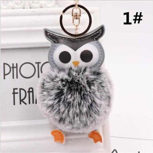 Cute Pompom Owl Keychain pom pom Key Chain Rabbit Fur Ball Fluffy Leather Key Ring accessories Jewelry B088