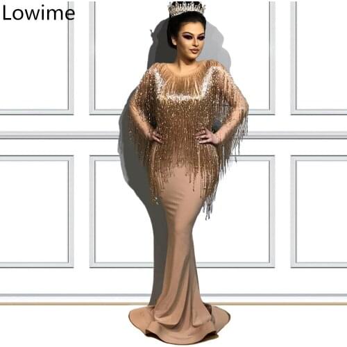 Arabic Champagne Long Prom Dress 2019 Middle East Formal Evening Dress With Tassel Turkish vestidos de fiesta de noche Party