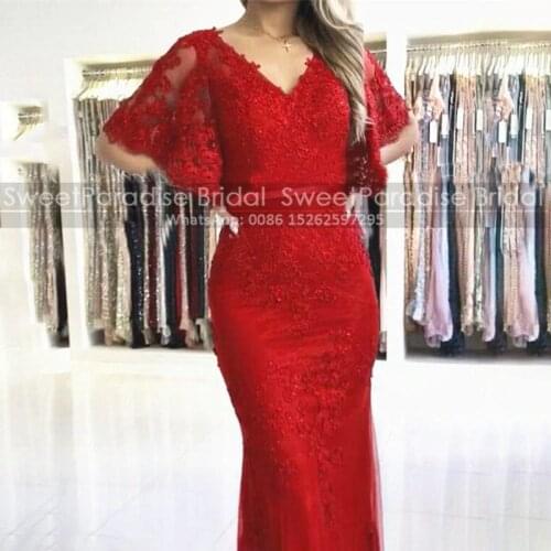 2021 Red Lace Mermaid Bridesmaid Dresses With Bishop Half Sleeves V Neck Women Wedding Party Dress Robe De Soiree De Mariage