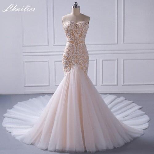 Lhuilier Elegant Strapless Mermaid Wedding Dresses 2021 Lace Appliques Floor Length Tulle Cathedral Train Bridal Gowns