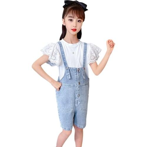 Girls Clothing Lace Tshirt + Jumpsuit Tracksuits For Girls Casual Clothes For Teenage Girls Summer Childrens Clothing