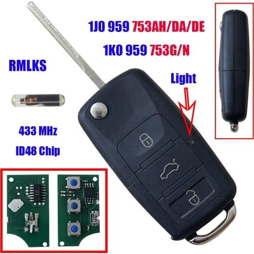 RMLKS Keyless Entry Flip Remote Key Control Fob Fit For VW 1J0 959 753DA 1J0959753AH 434Mhz ID48 Chip 1K0 753G 1K0 753N