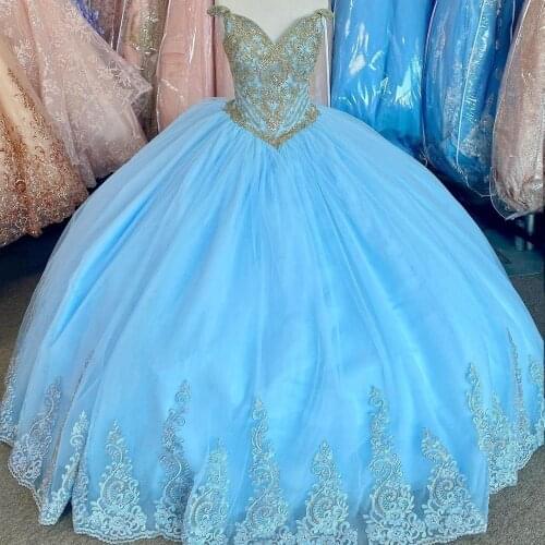 Light Blue vestidos de 15 años 2021Puffy Quinceanera Dress Lace Off the Shoulder Sweet 16 Dress Long Prom Gowns Lace-Up Quince