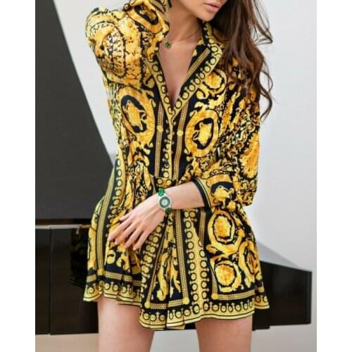 Vintage Womens Boho Dress Ladies Loose Print Yellow Long Sleeve Party A-Line T-shirt Dress