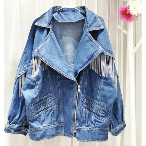 Autumn new style loose wild heavy industry chain tassel pendant locomotive denim jacket jacket women