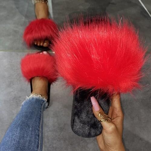 Womens 2020 New Spring And Autumn Fur Slippers Women Luxury Fur Slides Home Furry Flat Sandals Cute Fluffy House Female Shoes
