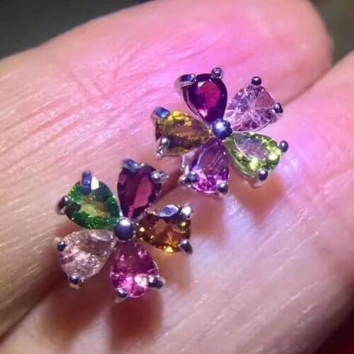 Natural multicolor tourmaline stud earrings s925 silver Natural gemstone women romantic flowers stud earrings for party