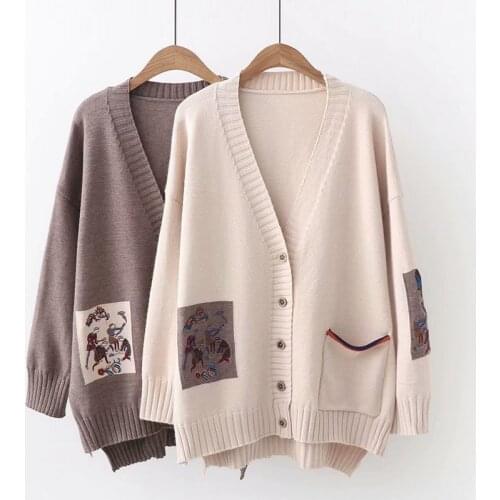 Spring Autumn Casual Sweet Cardigan Sweater Women Loose Embroidered Contrast Color V-Neck Female Sweater Mori Girl U254