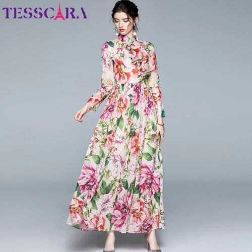 TESSCARA Women Autumn Long Maxi Floral Dress Festa High Quality Prairie Chic Party Robe Femme Vintage Designer Chiffon Vestidos