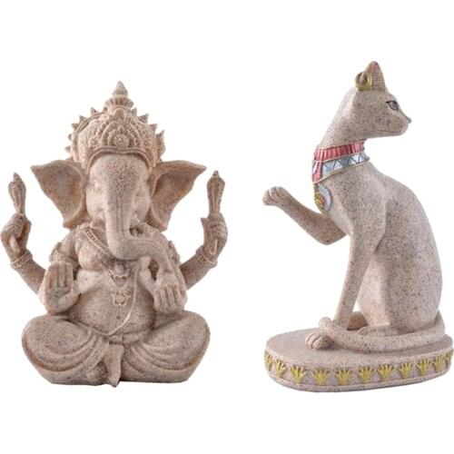 2 Sandstone Ancient Egyptian Mau Cat Statue Ganesha Buddha Deity Hindu Sculpture
