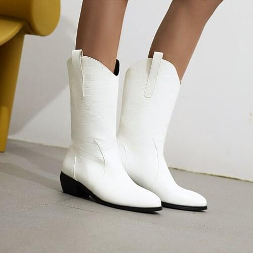 2021 Fashion Pointed Toe Mid Calf Boots Women Faux Leather Square High Heel Knee High Boots Autumn Winter Western Female Boots