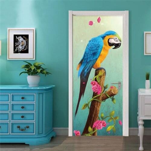 3D Wall Sticker Modern Color Parrot Art Door Decoration Painting Living Room Bedroom Vinyl Door Mural Wallpaper PVC Door Sticker