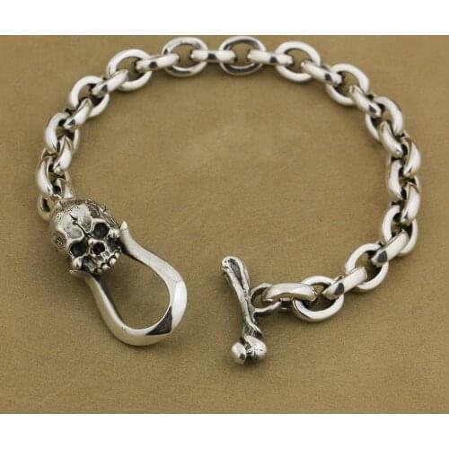925 Sterling Silver Skull OT clasp Mens Chain Biker Punk Bracelet TA42