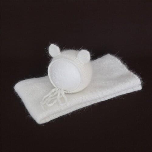 White Simple Angola Animal Wrap Hat Set Photo Prop Knitted Baby Swaddle Blanket Newborn Photography Props