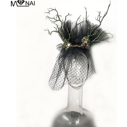 Retro Bridal Face Veil With Dots Headband Horns Tree Branch Headpiece Gothic Handmade Unique Hair Accessory for Party