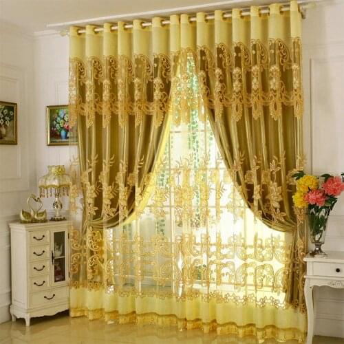 Ready Made Window Curtains Red/Golden Luxury Embroidered Voile Curtains European Sheer/Tulle Window Curtains for Living Room