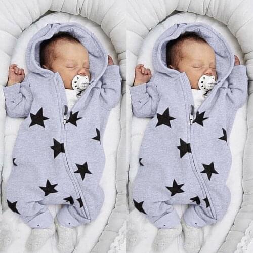 Newborn Infant Baby Girls Boys Stars Print Hooded Zipper Romper Jumpsuit Outfits Spring Brand New Fashion Newborn Jumpsuits