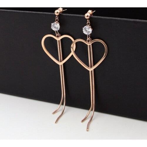 Fashion Stainless Steel Love Crystal Big heart Snake Chain Tassel Drop Earrings Rose Gold Color Woman Party Wedding Gift