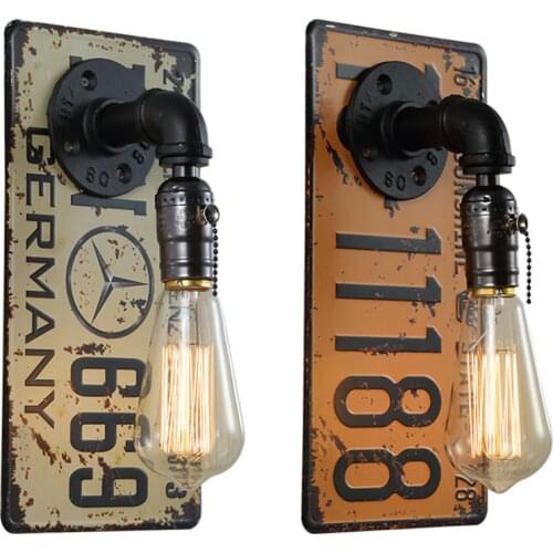 Retro Industrial License Plate Pipe Wall Lamps Loft Corridor Warehouse Garage Childrens Room Bedroom Boy Sconce Wall Lights De