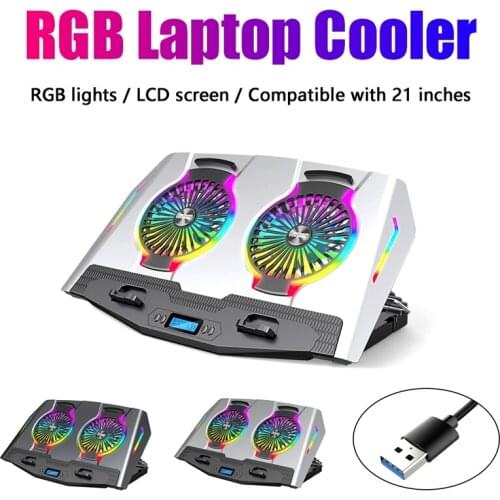 RGB Laptop Cooler 11-21 Inch Dual Fan with LCD Display Gaming Laptop Cooling Pad Laptop Stand with 2 USB Ports