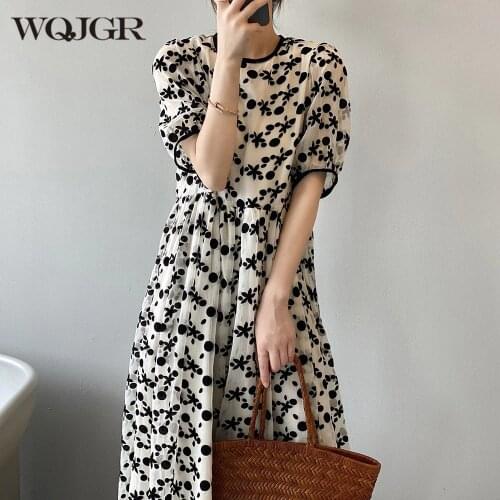 WQJGR Summer Dress Women 2021 Flocking Fabric O Neck Short Sleeve Pullover High Waist Fashion Wrap Sundress Robe
