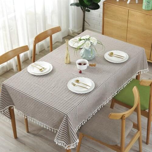 Simple Creative Striped Tassel Plain Tablecloth Rectangle Cotton Linen Wedding Party Home Decor Table Cloth Cover