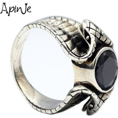 Apinje Real 925 Sterling Silver Snake Ring for Men Antique Retro Punk Gothic Animal Jewelry Black Rings