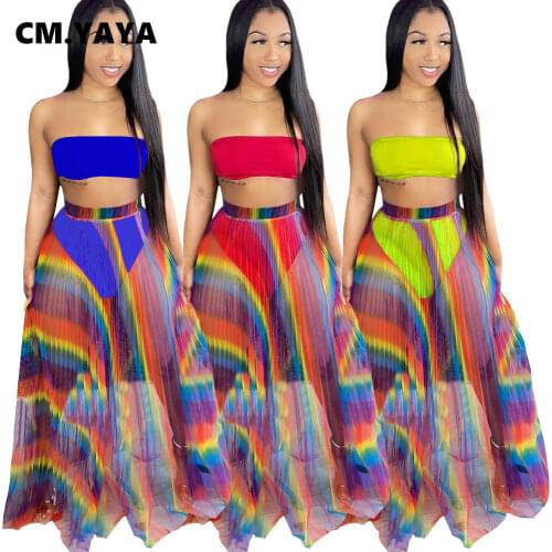 CM.YAYA Summer Womens Set Bikinis Set with Rainbow Wave Striped Pleated Maxi Skirts Matching Three 3 Piece Set Beach Tracksuit