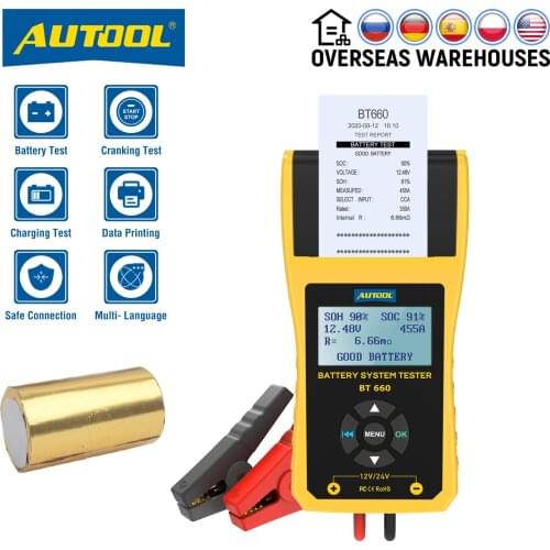 AUTOOL BT660 12V Car Battery Tester Auto Cranking Charging Tester CCA Vehicle Starting Diagnostic Tool Review Data with Printer