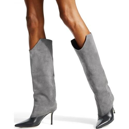 Suede Knee High Boots Patchwork Women Shoes Woman Winter 2020 High Heel Long Boots Pointed Toe Black Fashion Ladies Tall Boot