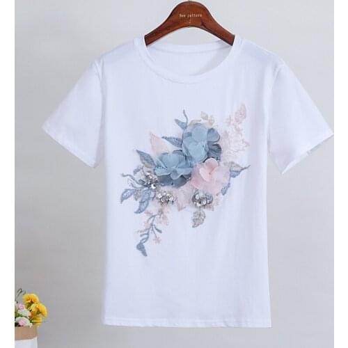 2020 Summer New Fashion Tshirt Women O-Neck Flowers Embroidery Short Sleeve White T shirt Korean T-shirt Women Tops tide H037