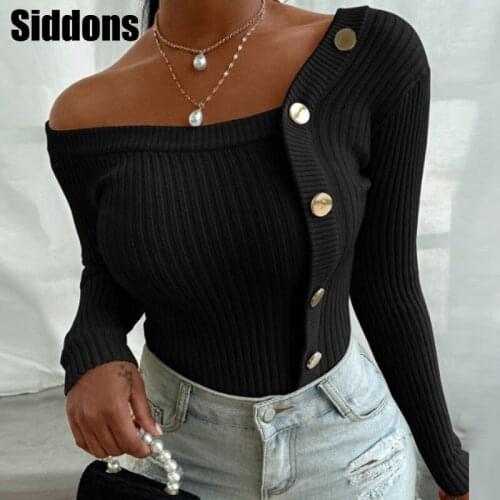 Women Winter Long Sleeve Slash Neck Off Shoulder Knitted Blouse Office Lady Metal Button Ribbed Tops Pullover Shirt