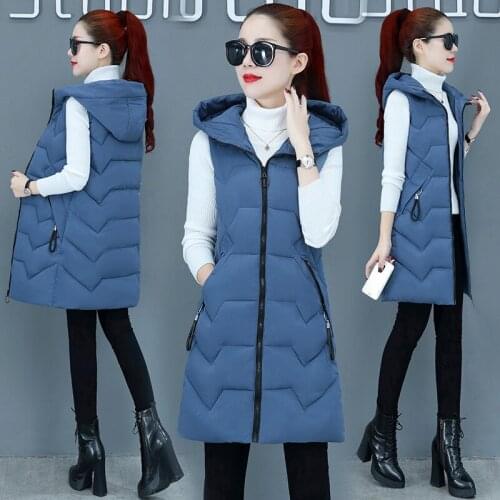 Women Cotton Vest Winter Autumn 2021 New Female Sleeveless Waistcoat Hooded Warm Long Vest Solid Coat with Zipper