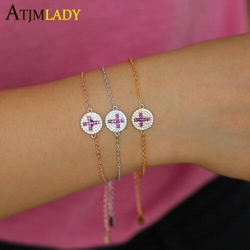 925 sterling silver round Disco cz Charm Micro Pave Cubic Zirconia Cz Shape Bracelet 925 silver delicate Adjusted bracelet