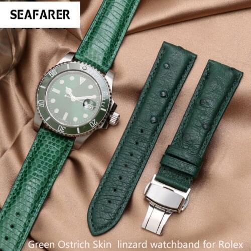 Green Lizard Leather Watch With Rare Ostrich Skin For Rolex Green Water Ghost 20mm Butterfly Button For Mens Watch