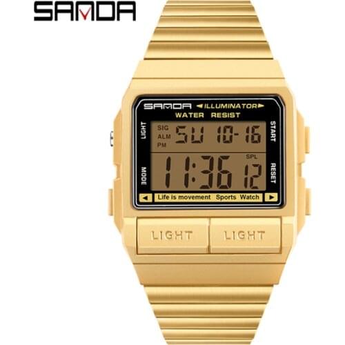 SANDA New Gold Men Digital Watches Luxury Male Electronics Watch Man Fashion Stainless Steel Waterproof Clock Horloges Mannen