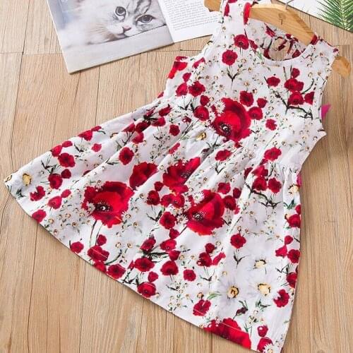 Bavy Dresses 2020 Girls Spring and Summer Sleeveless Flower Printed Cotton and Flax Flower Dresses Girls Dresses