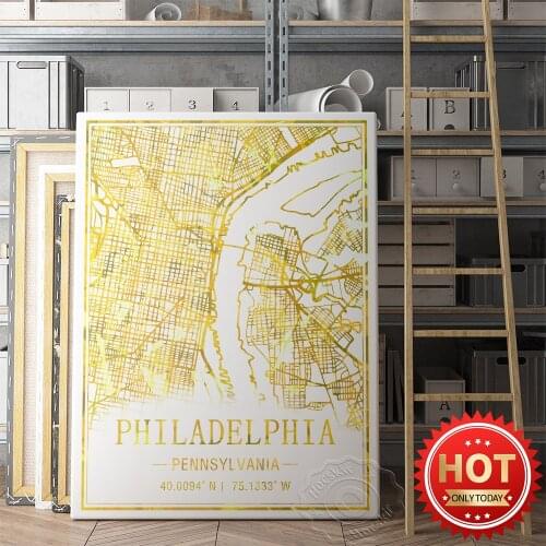 Philadelphia Pennsylvania Art Map Poster, Study Living Room Gold Foil Line City Map Wall Picture, World Tavel City Map Mural