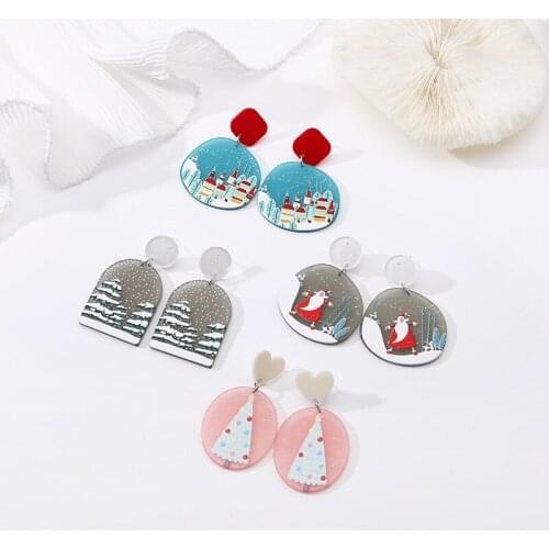 Find Me Creative Geometric Snowflake Christmas Tree Santa Claus Print Acrylic Pendant Earrings For Women Jewelry Accessories