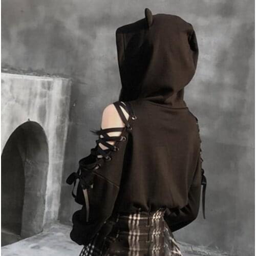Harajuku Sweatshirt Women Punk Gothic Hoodie Autumn Winter Plus Velvet Hollow Out Lace Up Long Sleeve Cute Cat Ear Hoodies