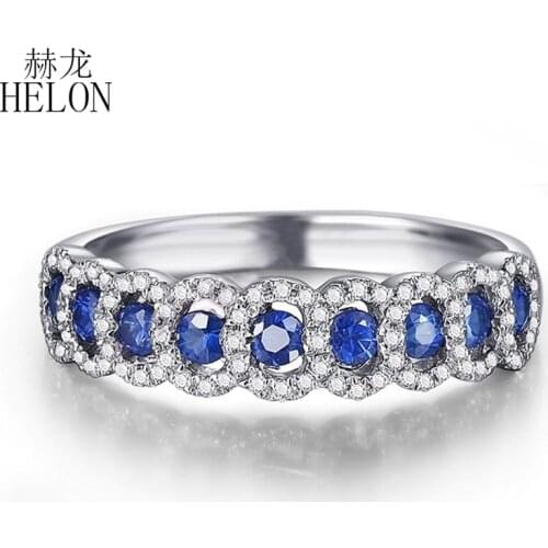 HELON Solid 18K White Gold 0.95ct Genuine Sapphires Diamonds Gemstone Wedding Anniversary Ring Women Classic Fine Jewelry
