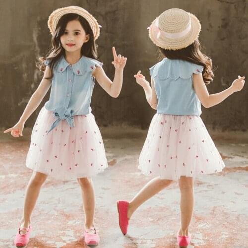 Girl summer clothing set 2019 girls kids Fashion 2pcs Suits Denim shirts+Embroidery tutu Skirts,children Princess clothes Suits