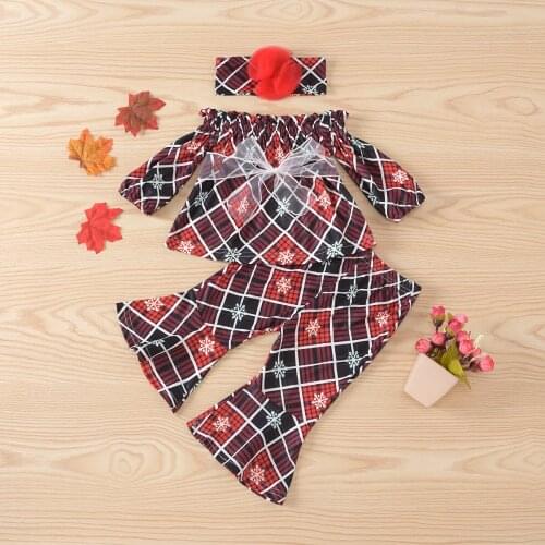 3 Piece Baby Girls Plaid Set Off Shoulder Long Sleeve Top Flare Pants Headwear Toddler Children Girl Clothing Party Set 0-5Y