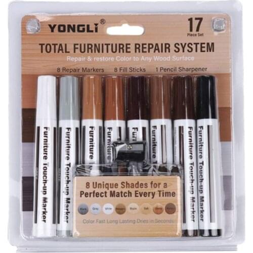 157A Furniture Repair Kit Wood Markers - Set of 13 - Markers and Wax Sticks with Sharpener - for stains, Scratches, Floors