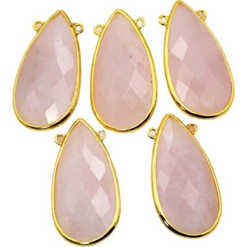Natural rose quartzs Pendant Teardrop connector 30x15mm handmade gold plating bezel Gem stone Charm pink crystal jewelry