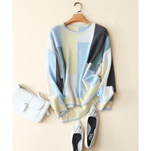 Autumn winter new style 100% cashmere sweater women fashion patchwork cew neck long sleeve cozy pullovers