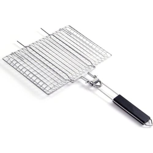 Portable BBQ Grilling Basket Stainless Steel Removable Wooden Handle